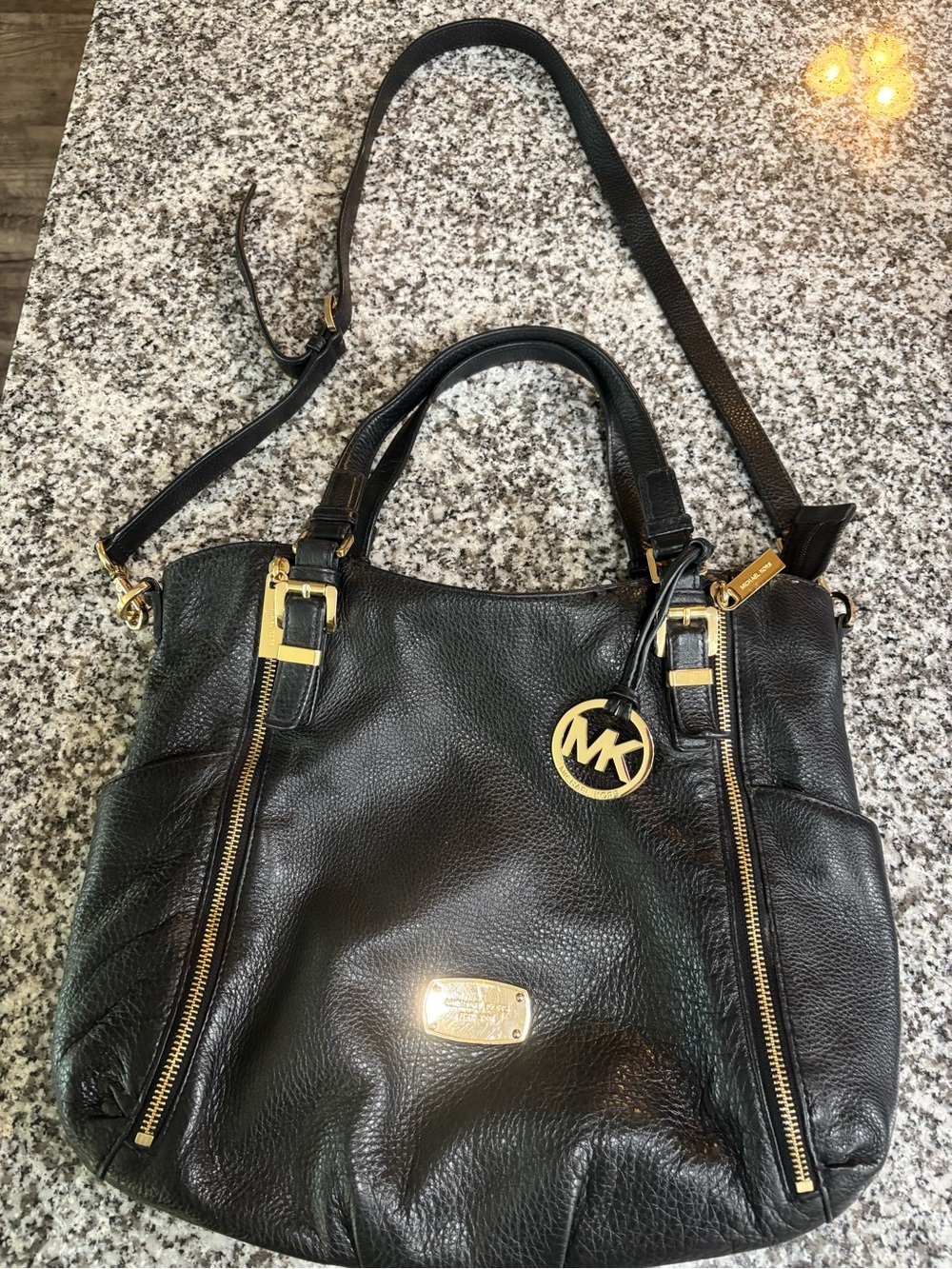 Michael Kors Black Pebbled Leather Shoulder Bag with Gold Hardware